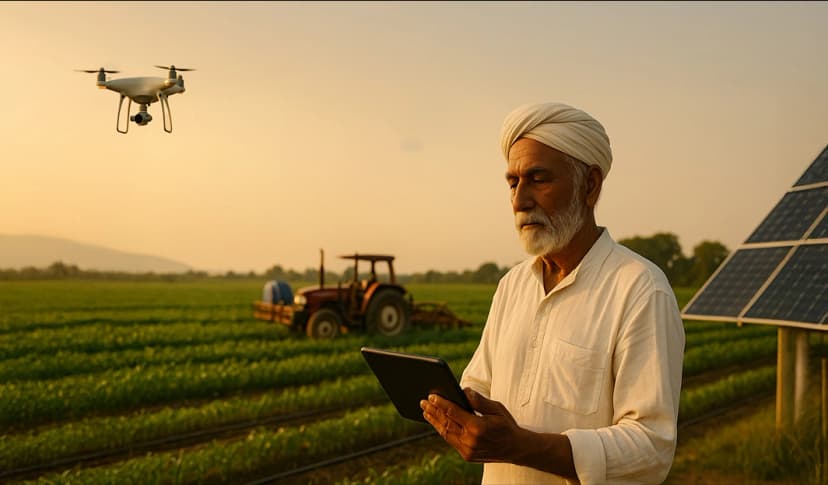 Indian farmer with technology in field
