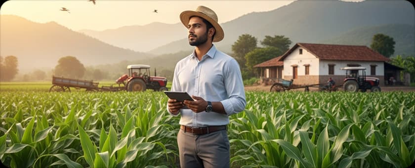 Happy farmer in field wearing straw hat