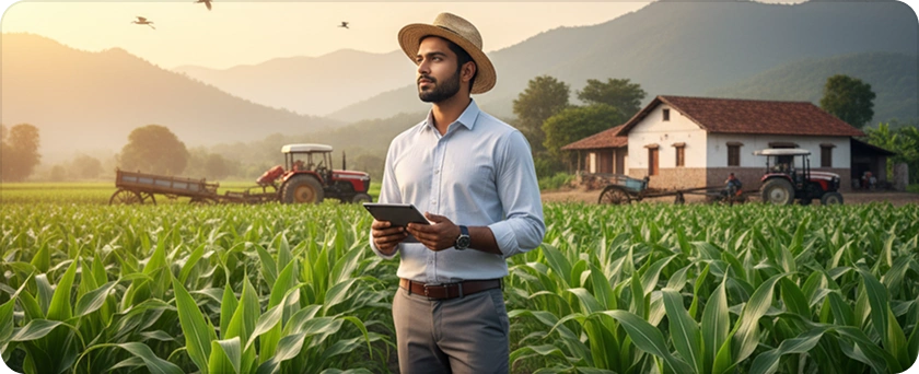 Happy farmer in field wearing straw hat